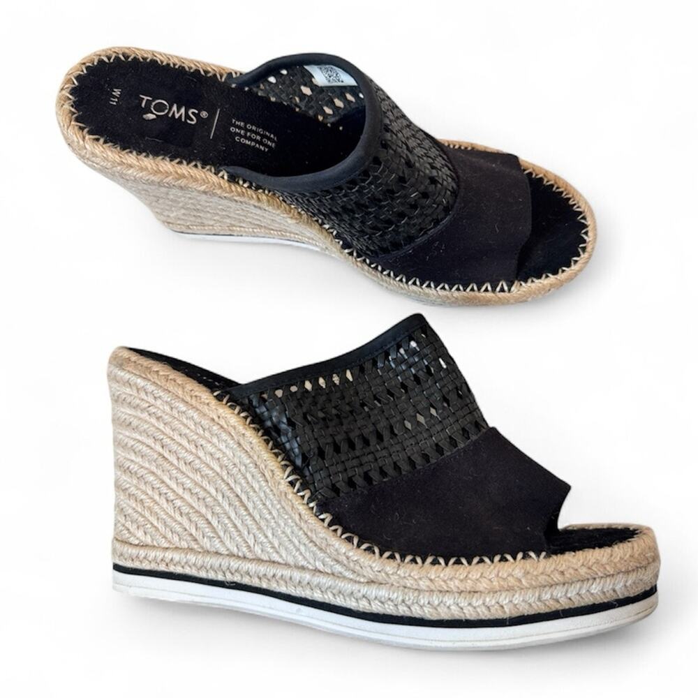 Toms Black Leather Peep Toe Espadrille Wedge Sandals Womens 11 Beachy Summer
